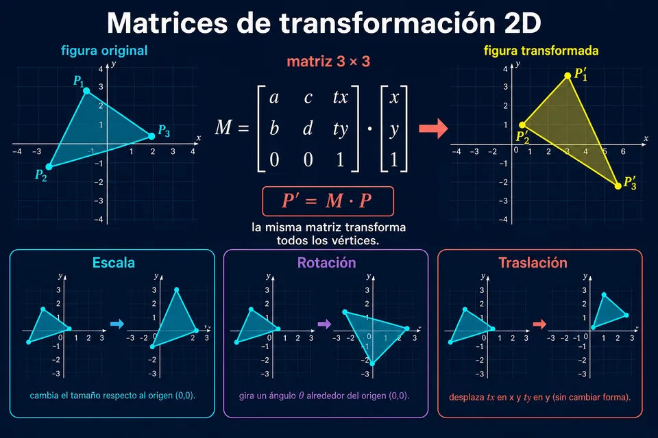 Matriz homogénea 3 por 3 aplicada a los vértices de un triángulo, con ejemplos de escala, rotación y traslación