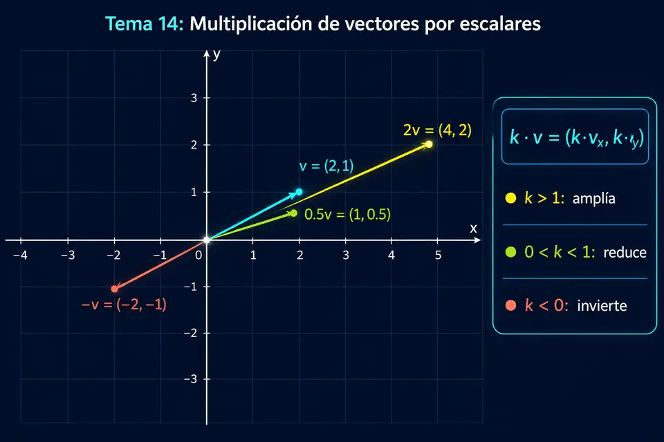 Vectores v, 2v, 0.5v y menos v en un plano cartesiano que ilustra la multiplicación por escalares