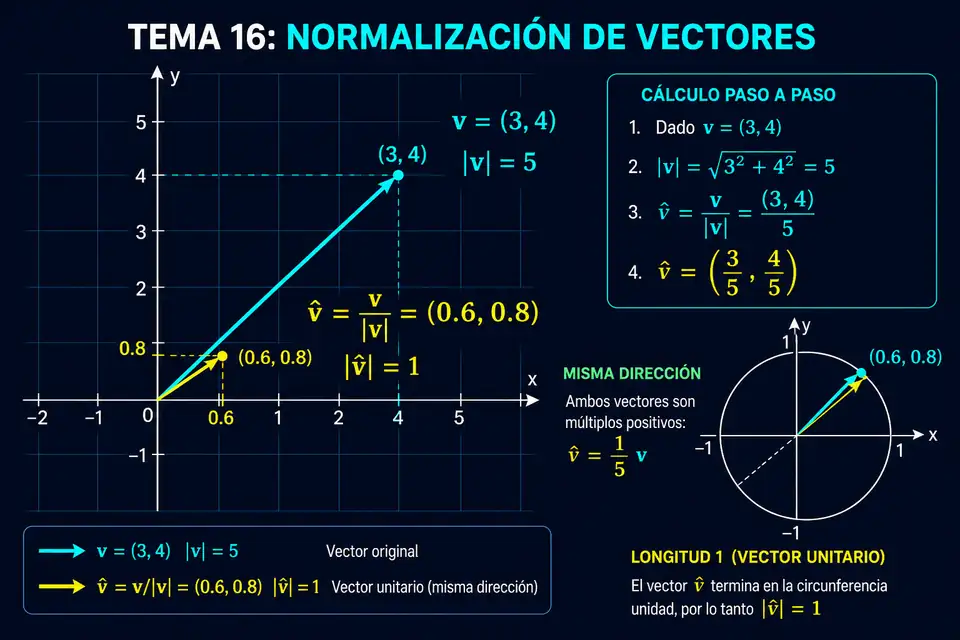 Vector original tres cuatro y vector unitario cero punto seis cero punto ocho con la misma dirección