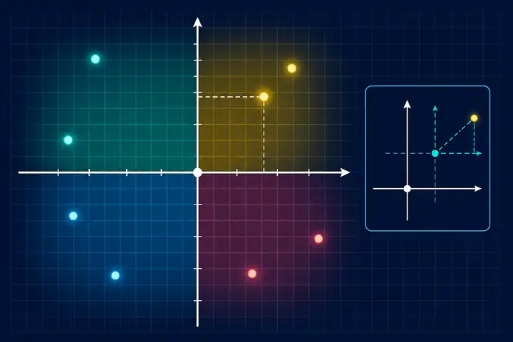 Plano cartesiano con cuatro cuadrantes, puntos, proyecciones sobre los ejes y un sistema de coordenadas con otro origen