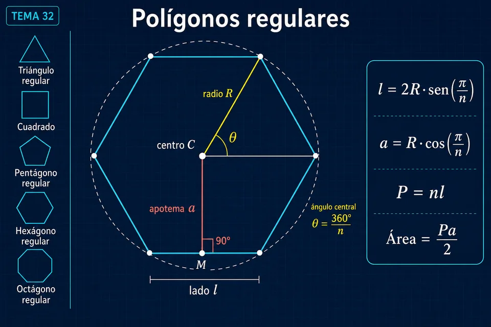 Polígono regular con radio, apotema, lado, ángulo central, circunferencia y fórmulas