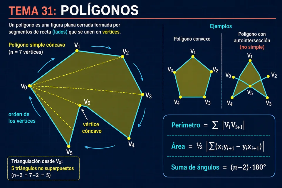 Polígono simple cóncavo, polígono convexo, autointersección, triangulación y fórmulas