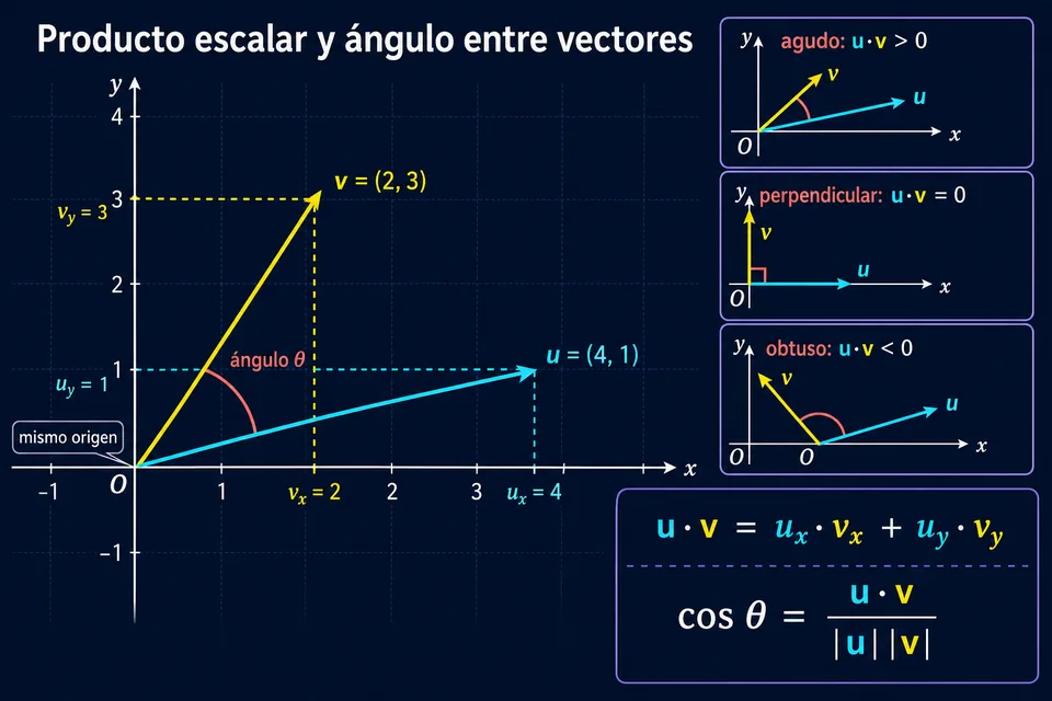 Dos vectores con el mismo origen, el ángulo entre ellos y los casos de producto escalar positivo, cero y negativo