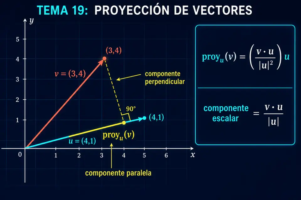 Proyección del vector v sobre u con componentes paralela y perpendicular