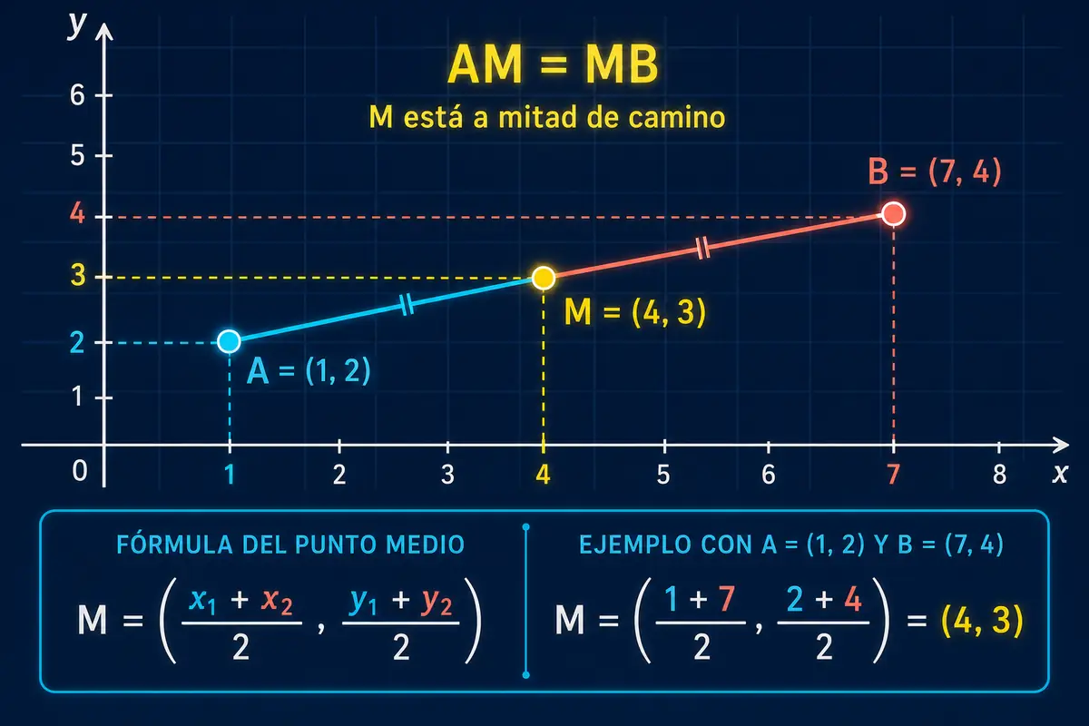 Segmento con dos extremos y un punto medio resaltado, marcas de igualdad y una balanza que representa equilibrio