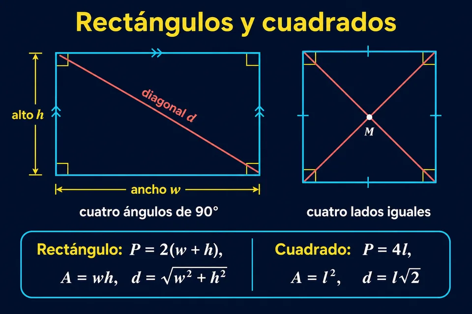Rectángulo y cuadrado con dimensiones, ángulos rectos, diagonales y fórmulas