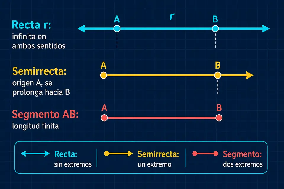 Comparación visual entre una recta con flechas en ambos extremos, una semirrecta y un segmento limitado por dos puntos