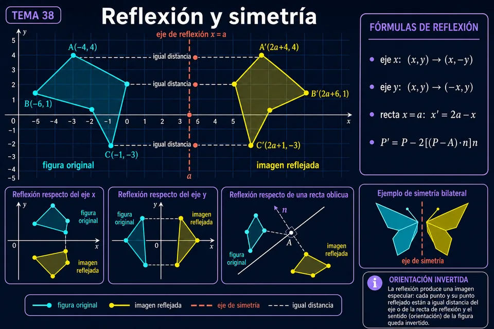 Figura reflejada respecto de ejes coordenados y una recta oblicua, con puntos equidistantes y simetría bilateral