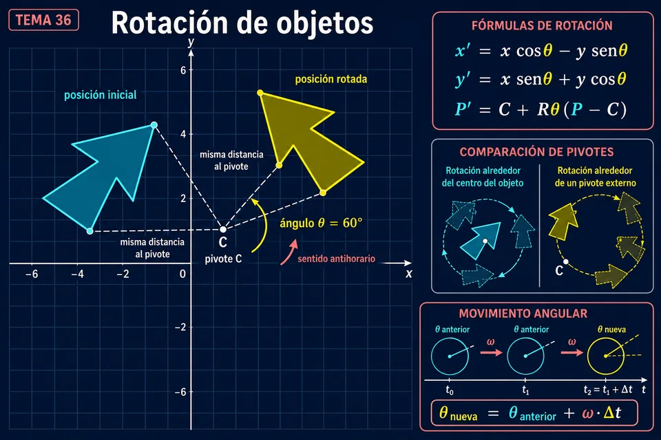 Objeto antes y después de rotar alrededor de un pivote, comparación de pivotes y movimiento angular