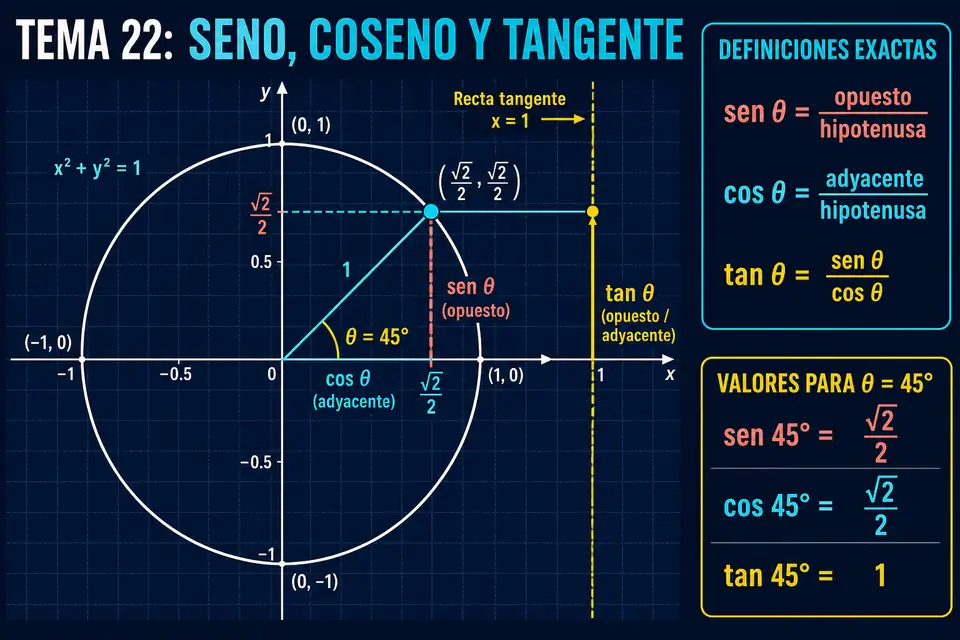 Círculo unitario que representa seno coseno y tangente para cuarenta y cinco grados