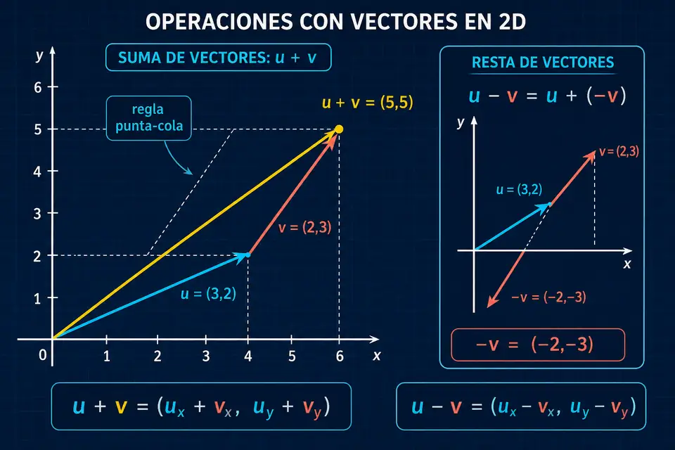 Dos vectores sumados mediante la regla punta-cola y el método del paralelogramo, con una representación de la resta mediante el vector opuesto
