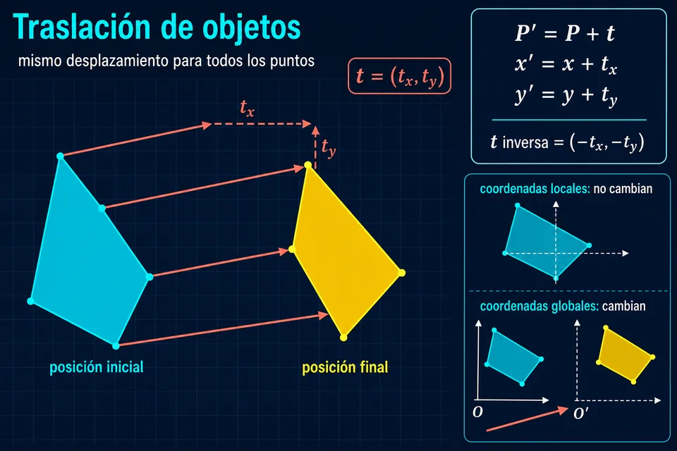 Objeto inicial y objeto trasladado con vectores de desplazamiento iguales, componentes y coordenadas locales