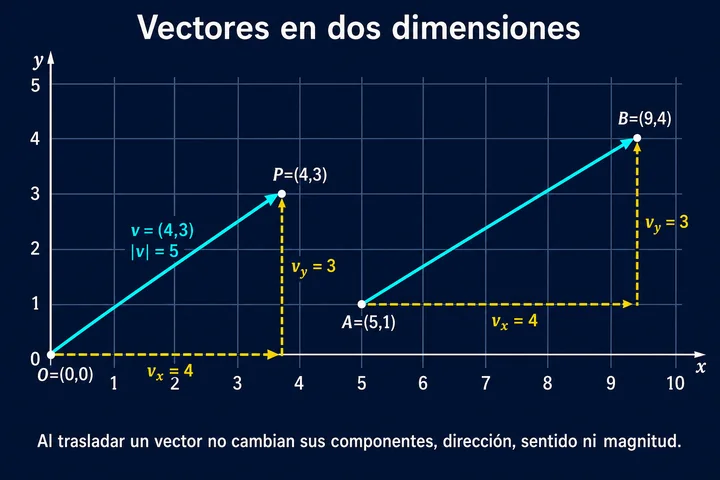 Vectores 2D con flechas, componentes horizontal y vertical y una copia trasladada de la misma flecha