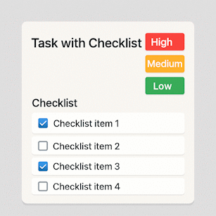 Tarjeta individual con checklist y etiquetas de prioridad