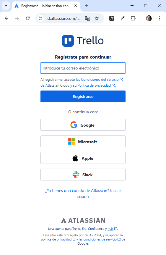 Pantalla de registro en Trello utilizando una cuenta de Apple