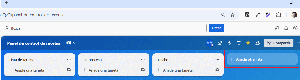 Añadir una lista en un  tablero en Trello
