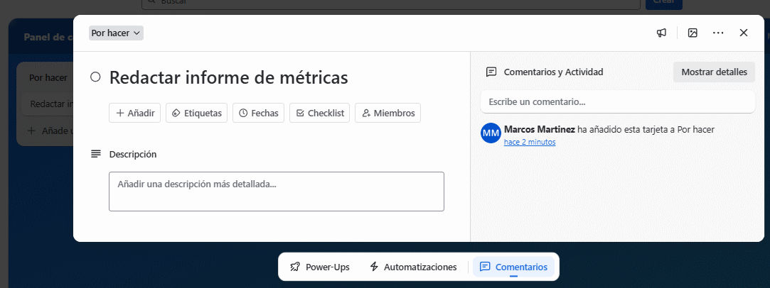 Agregar descripción, comentarios y etiquetas a una tarjeta en Trello