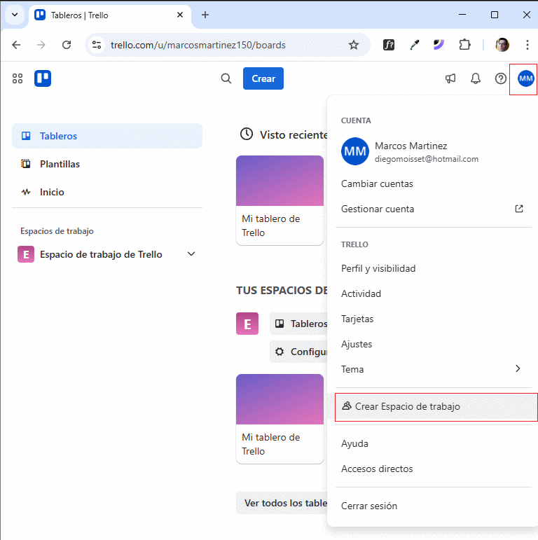 Acceso al menú para crear un nuevo espacio de trabajo en Trello