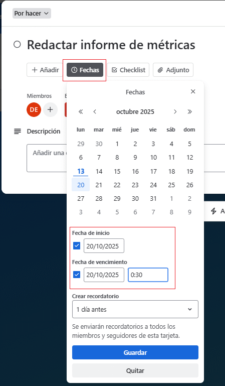 Agregar fecha de vencimiento a tarjeta de Trello