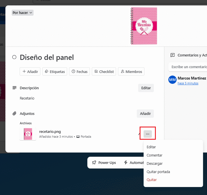 Eliminar o remplazar adjuntos en Trello