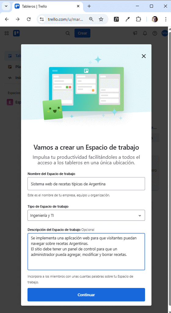 configuracion  de espacio de trabajo en Trello