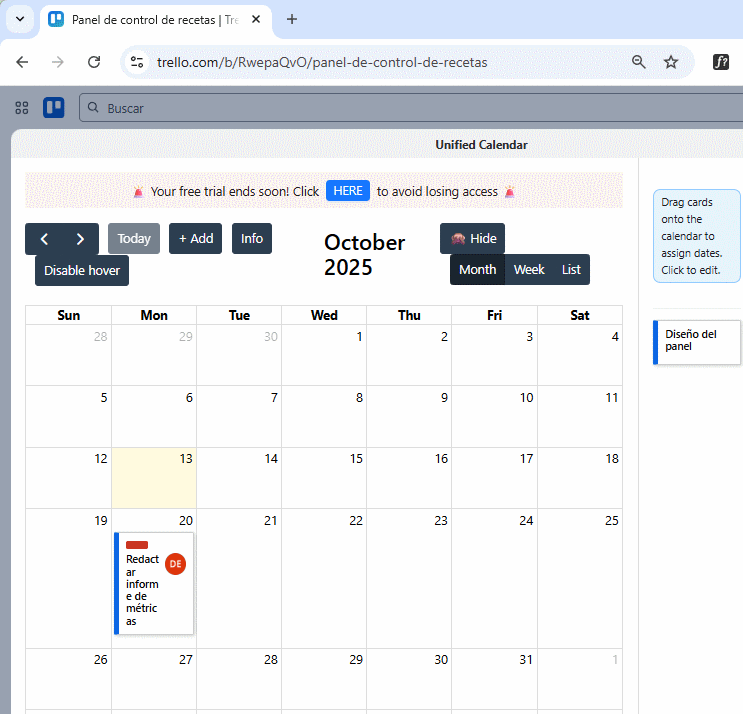 Fechas de vencimiento en Calendario Trello