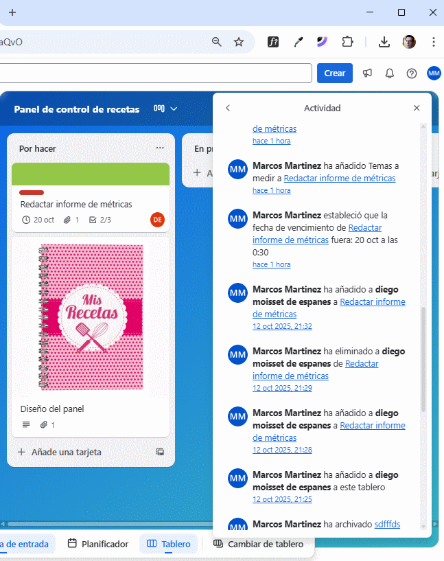 Panel de actividad en Trello