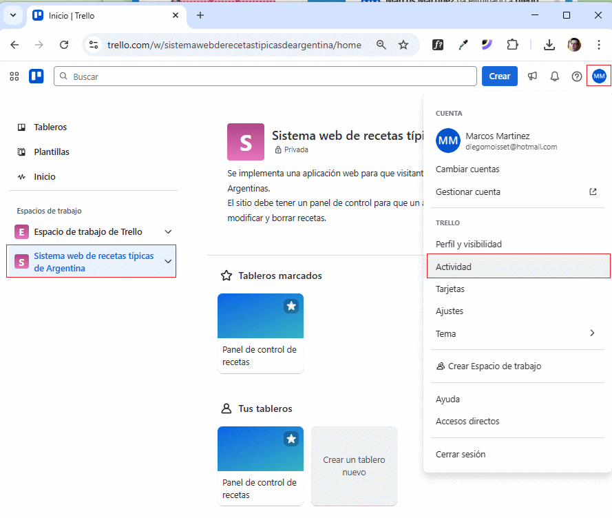 Panel de actividad por panel de trabajo en Trello