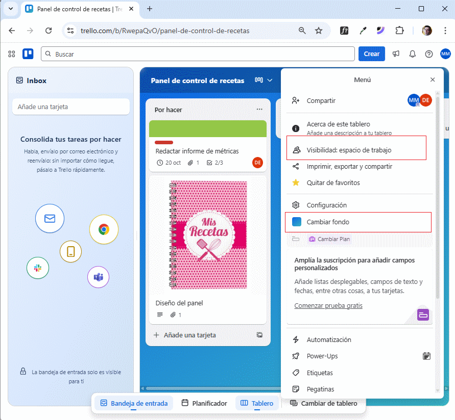 cambiar fondo y visibilidad de tablero en Trello