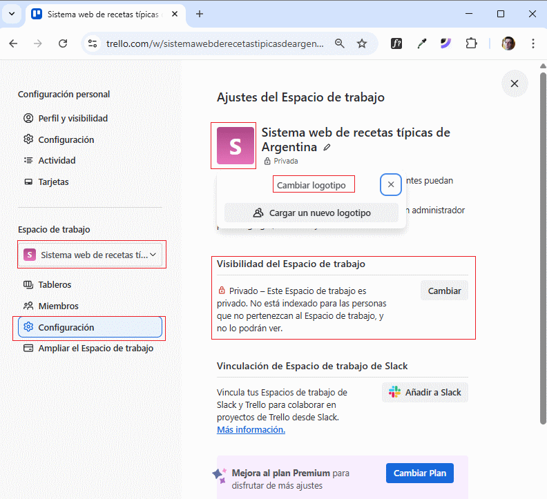 configuracion  de espacio de trabajo en Trello