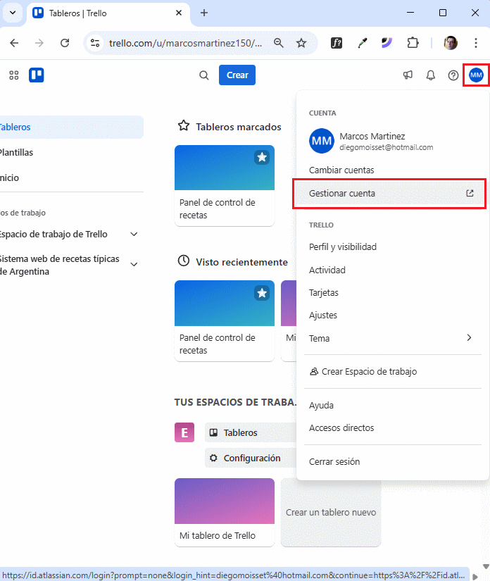 gestion de cuenta en Trello