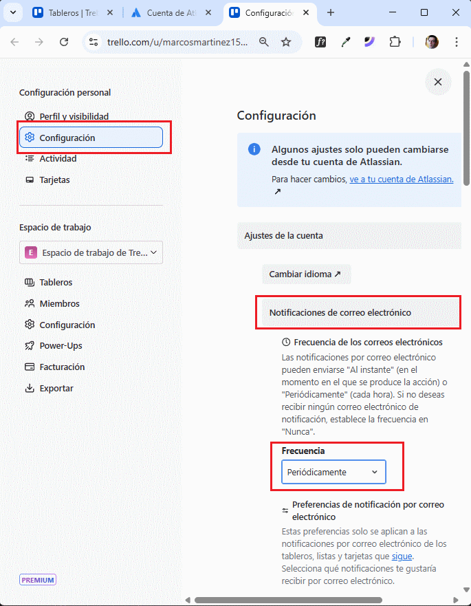 ajustes de notificaciones pro correo en Trello