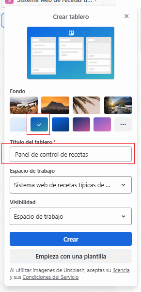 nombre, fondo y visibilidad del tablero en Trello