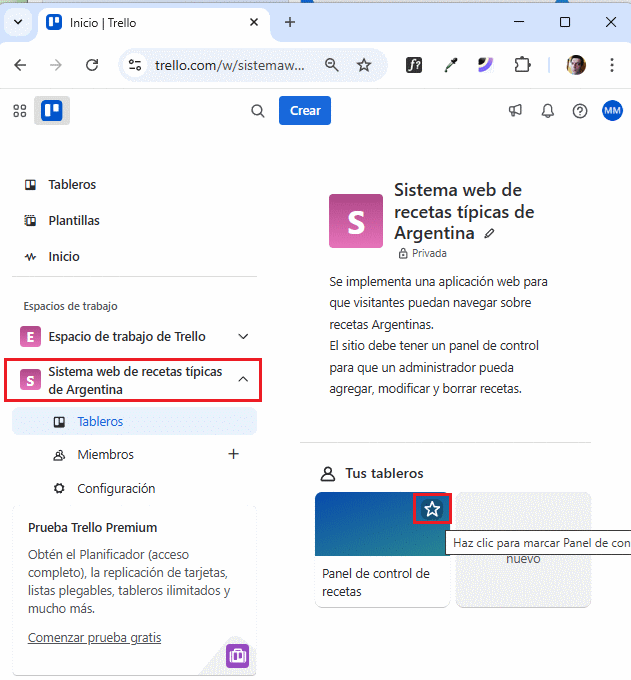 fijar el tablero como favorito  en Trello