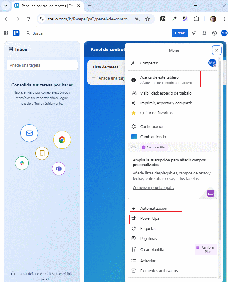 Informacion del tablero, Power-Ups, Automatizació, Configuración del tablero en Trello