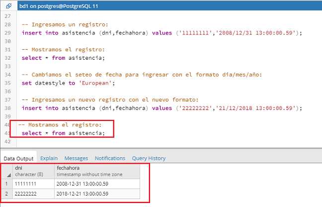 PostgreSQL pgAdmin date time timestamp