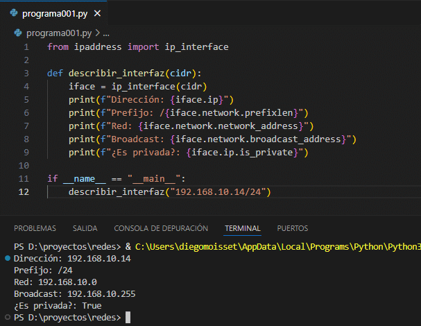 versión, máscara y dirección de red de una interfaz