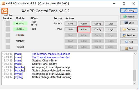 PHPMyAdmin XAMPP Control Panel
