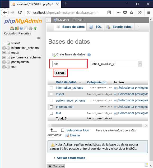 PHPMyAdmin creación de base de datos