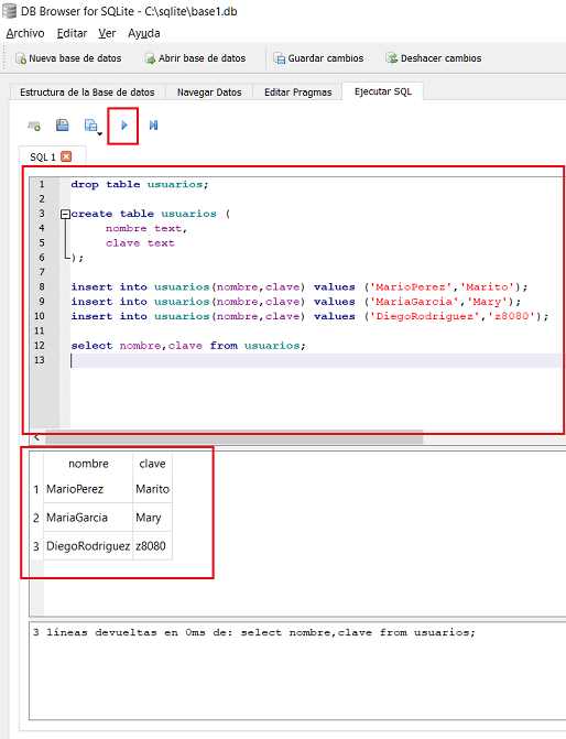 SQLite Browser múltiples comandos