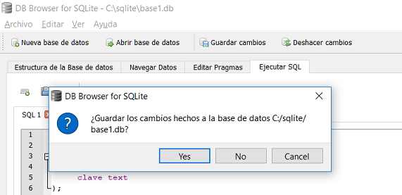 SQLite Browser opción guardar cambios