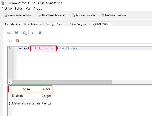 SQLite Browser select con varios campos