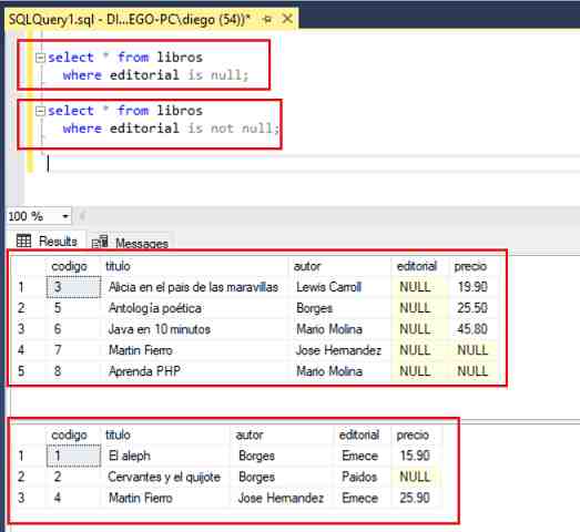 SQL Server Management Studio is null e is not null