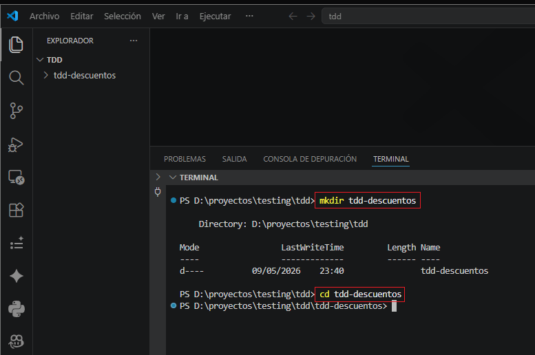 Creación de la carpeta tdd-descuentos en la terminal