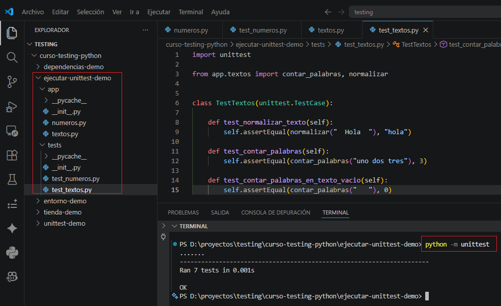 Salida esperada al ejecutar todas las pruebas con unittest