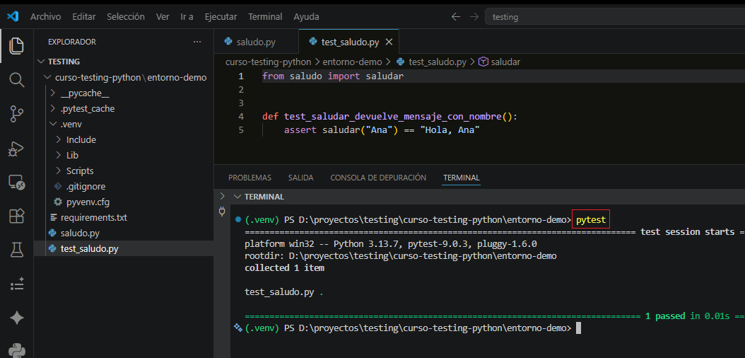 Ejecución exitosa de la prueba con pytest