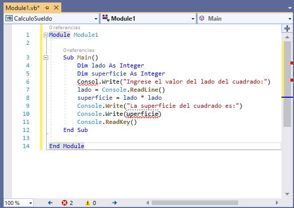 programa Visual Basic .Net con error sintáctico